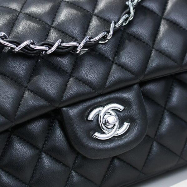 CHANEL SMALL CLASSIC FLAP BAG BLACK LEATHER WITH SILVER HARDARE 25CM - Image 5
