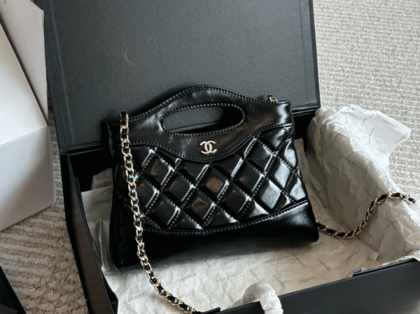CHANEL BLACK QUILTED LAMBSKIN CLUTCH WITH CHAIN PALE GOLD HARDWARE - Image 2