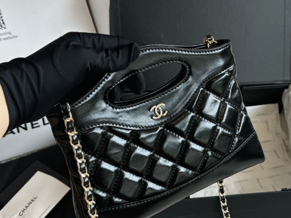 CHANEL BLACK QUILTED LAMBSKIN CLUTCH WITH CHAIN PALE GOLD HARDWARE - Image 4