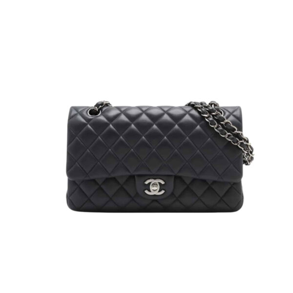 CHANEL SMALL CLASSIC FLAP BAG BLACK LEATHER WITH SILVER HARDARE 25CM