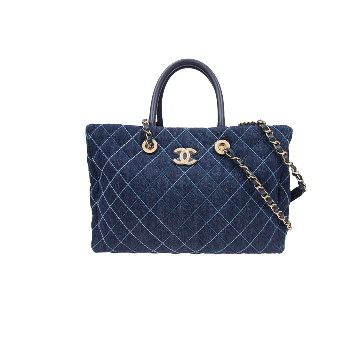 CHANEL QUILTED LARGE COCO HANDLE SHOPPING TOTE DENIM BLUE 37CM