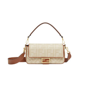 FENDI BAGUETTE NATURAL STRAW BAG WITH FF EMBROIDERY 26CM